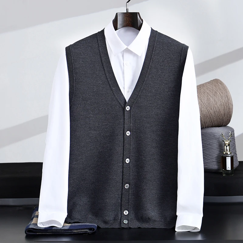 

Осень-зима, утепленный мужской жилет из 100% чистой шерсти, деловой повседневный однобортный свободный модный жилет с v-образным вырезом, базовая рубашка