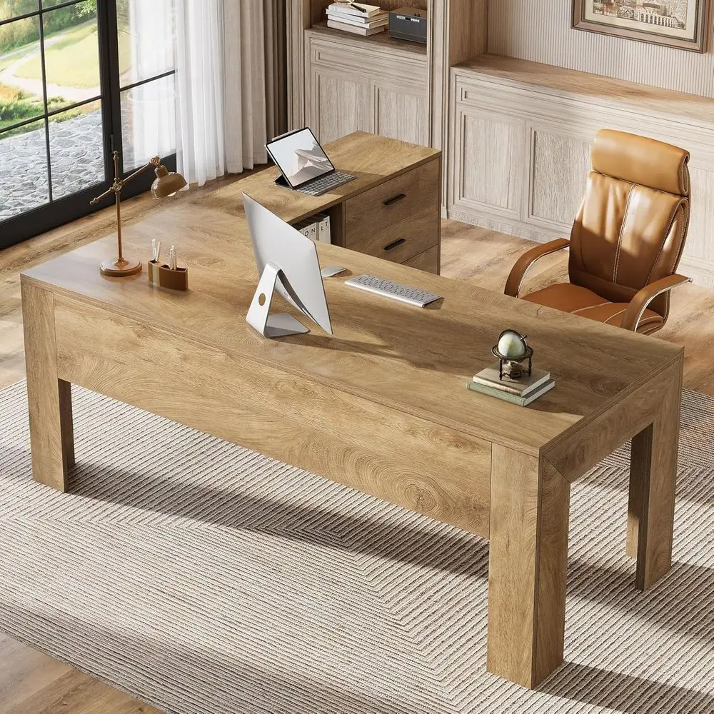 

Large Brown L-Shaped Desk with Storage, Executive Office Furniture, Computer Desk with Drawers and Shelves, Suitable for Busines