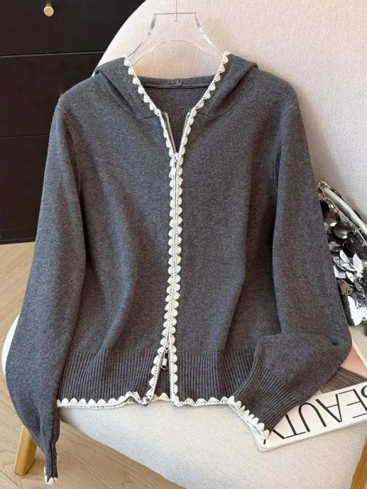 

New Women's Beige Long Sleeved Hooded Casual Cardigan Short Tops Autumn Winter Fashion Chic Grey Double Zipper Versatile Sweater