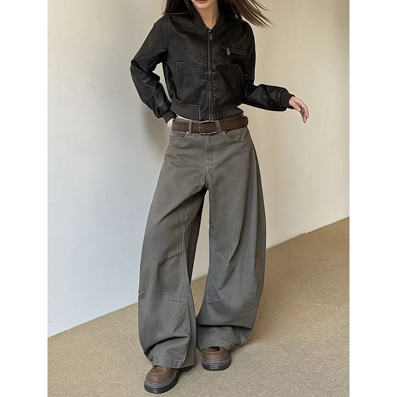 American Vintage 2000s Style High Waist Camel Jeans Pants Spring Fashion Women's Baggy Y2K Wide Leg Denim Trouser Female Clothes