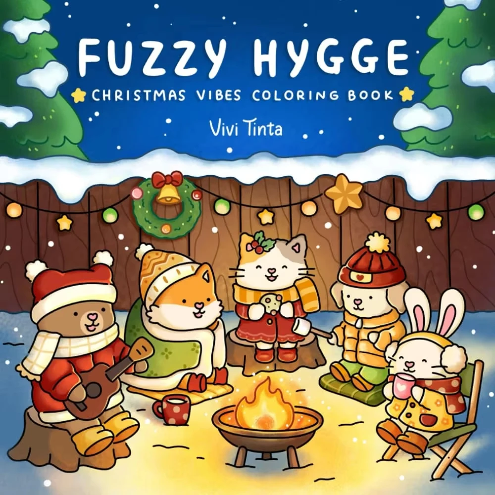 Coloring Book For Adults And Teens Featuring Adorable Christmas Creatures Cartoon Coloring Book To Relax In A Cozy Hygge Moment