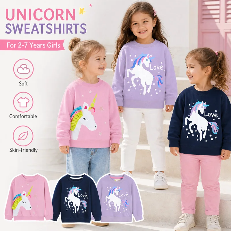 Little Hand Little Girls Crew Neck Pullover Sweatshirt Cute Unicorn Design Long Sleeve T-Shirt Spring Autumn Casual Tops for 2-7