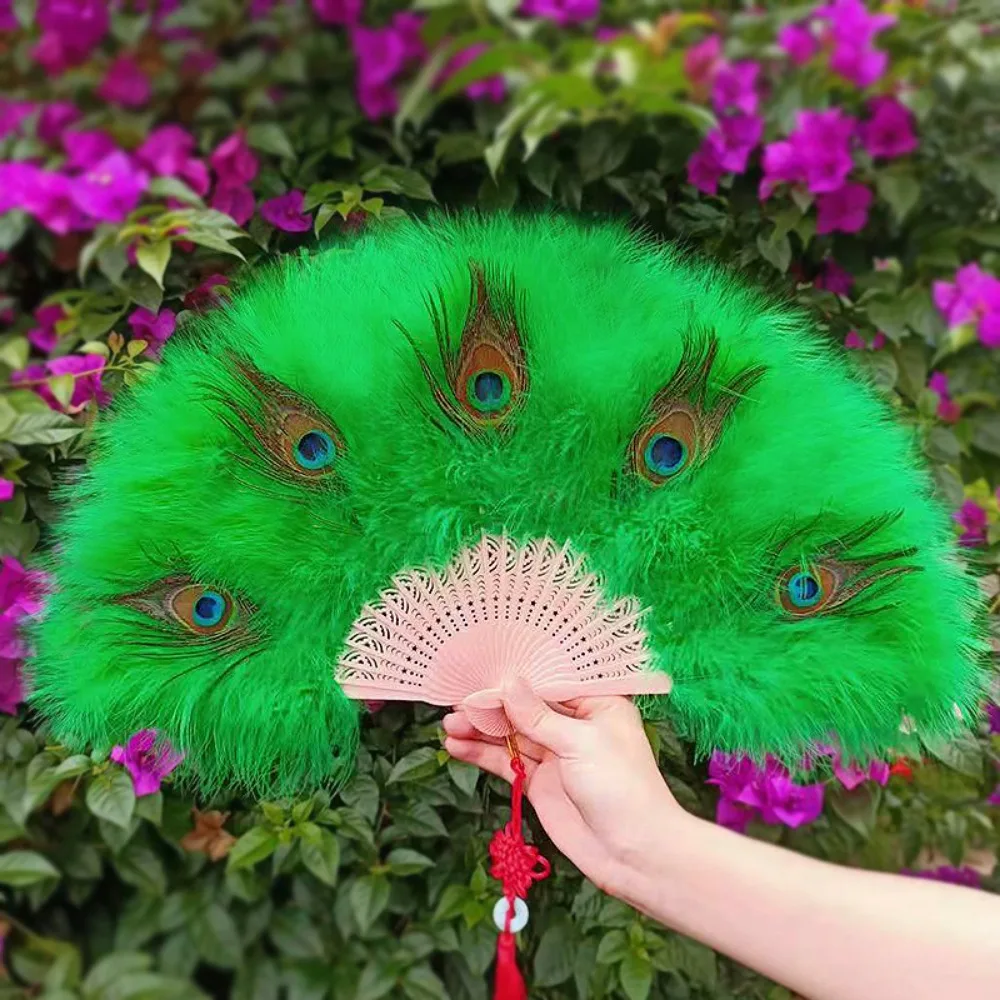 

New Ancient Style Large Peacock Fur Fan Multicolors 65cm Square Dance Performance Fan Fur Folding Fan Wedding Party Decoration