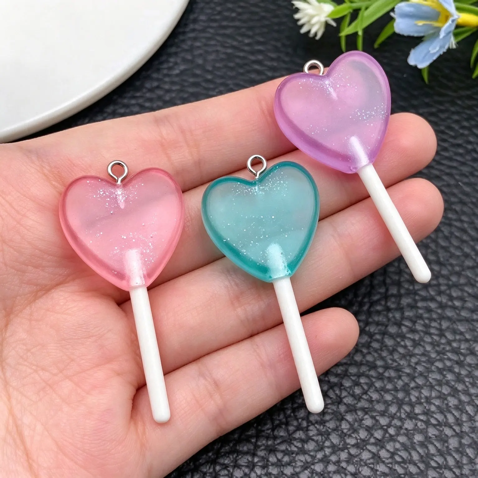 SW16 10PCS 21x46mm Candy Color Realistic Heart Lollipop Charms Resin DIY Pendants Women's Dainty Jewelry Workmanship Material