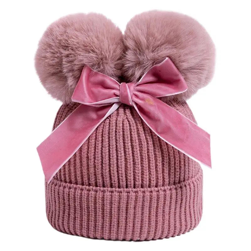 Gorro bonito para bebé, gorro cálido de ganchillo, gorro tejido para niños de 6 a 36 meses de edad, gorro cálido con lazo de doble bola, gorro de viaje al aire libre