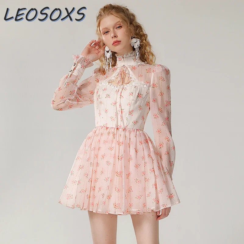 LEOSOXS Designer French Sweet Print Midi Dress 2024 Autumn Ruffle Edge Stand-up Collar Hollow Lace-up Organza Tutu Dress Women