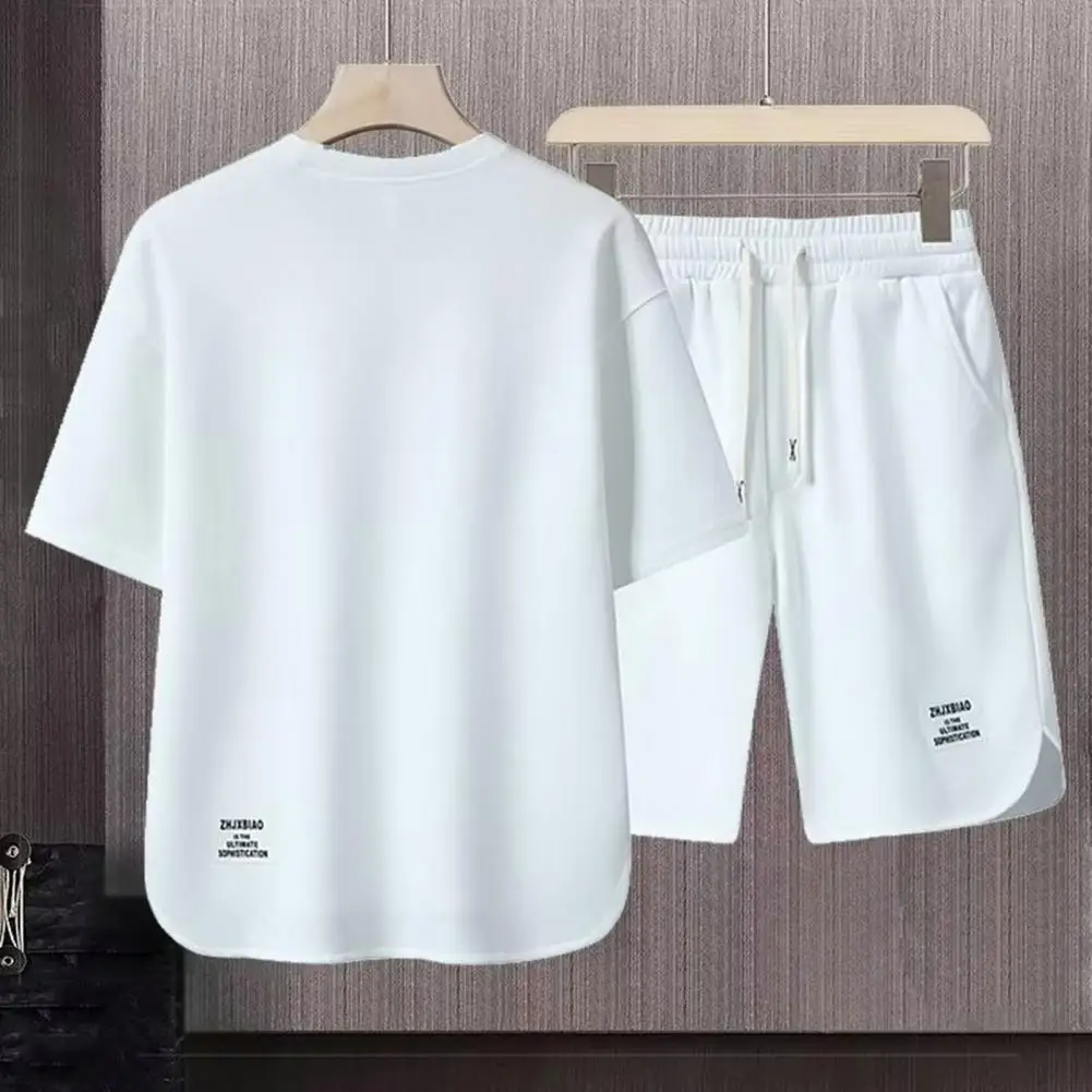 Conjunto de ropa deportiva informal para hombre, camiseta de manga corta con cuello redondo, pantalones cortos de pierna ancha con cintura con cordón, Verano