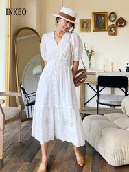Elegant Women's Lace patchwork dress Slim 2025 Summer Beach Puff sleeve pleated midi dresses Fashion vestidos White INKEO 4D075