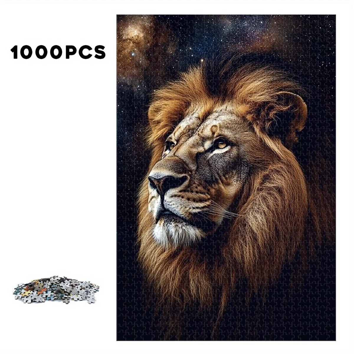 500/1000 قطعة من أحجية الصور المقطوعة الخشبية على شكل أسد السماء المرصعة بالنجوم - أسد مهيب مع خلفية المجرة الكونية، ألوان نابضة بالحياة، تحدي Br