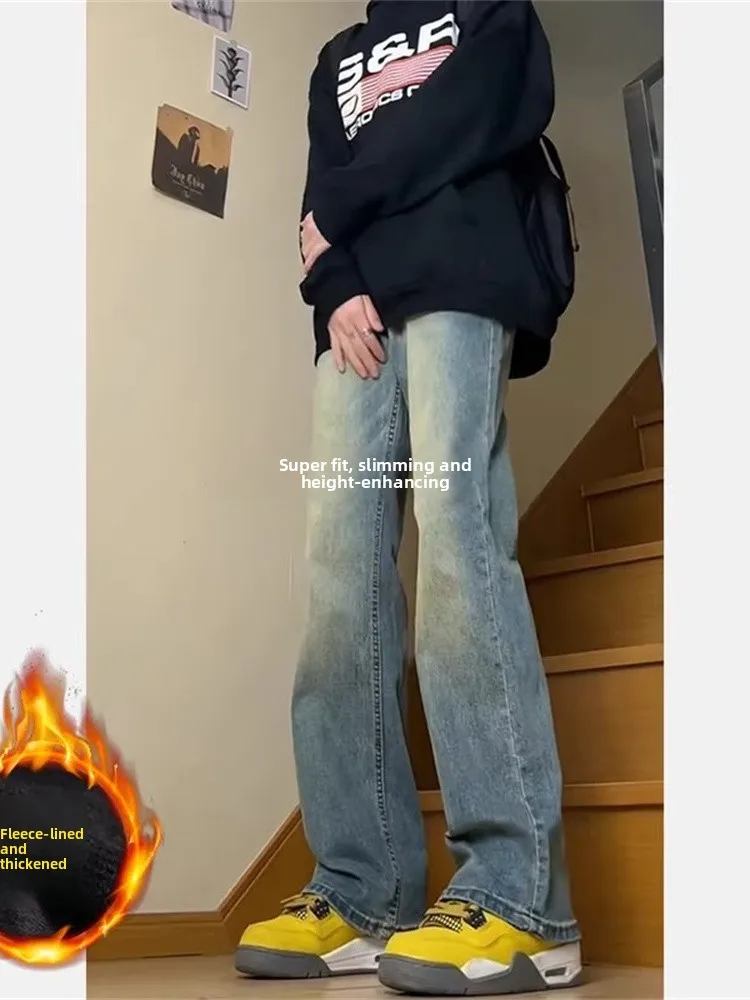 

Мужские джинсы с синей флисовой подкладкой в стиле ретро, широкие брюки в американском стиле, молодежные модные зимние брюки, прочные, прямого кроя