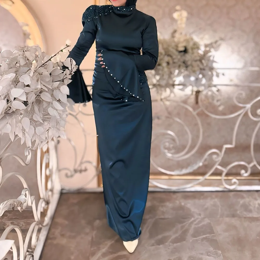 

Customized Straight Evening Dresses Ankle-length High-neck Full Sleeve Prom Gown Simple Fashion Crystal Pleat Ruffles Party Gowm
