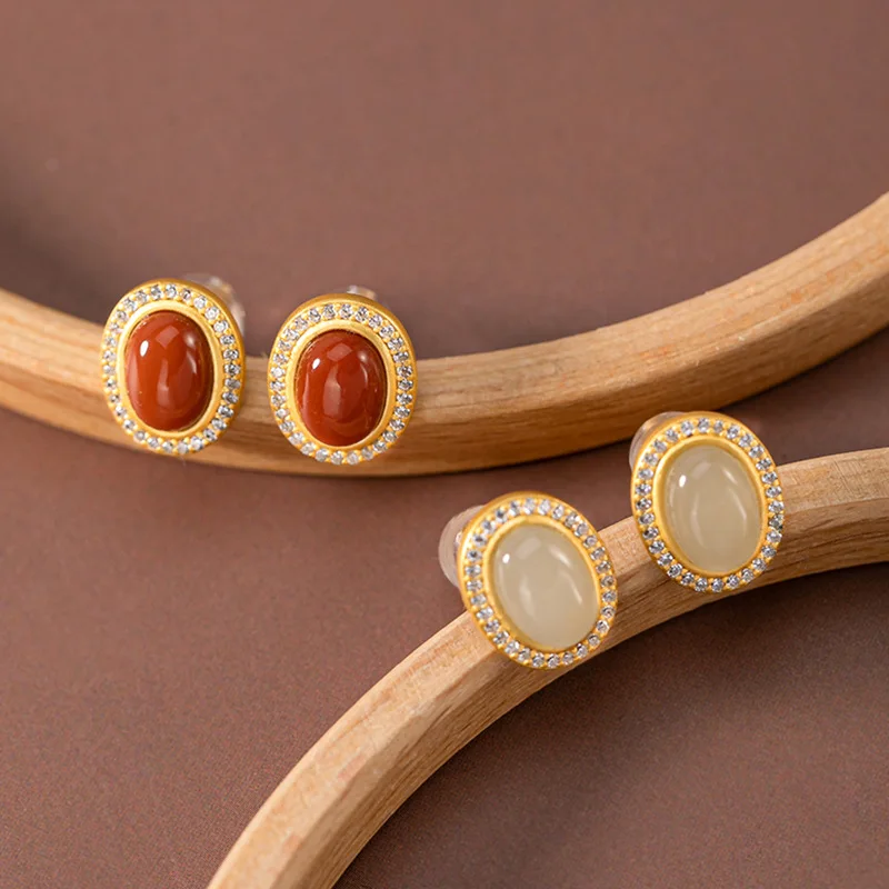 

925 silver-plated Nanhong inlaid court-style retro women's fashion earrings