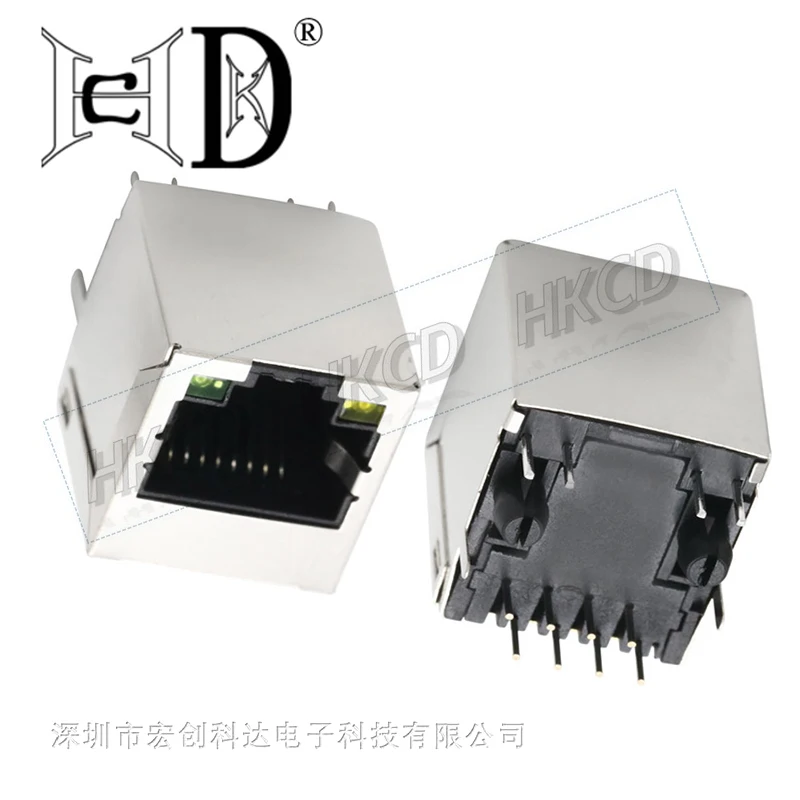 2pcs RJ45 network socket RJ45 vertical 180 degree straight insertion with shielding and LED light PCB DIY connector