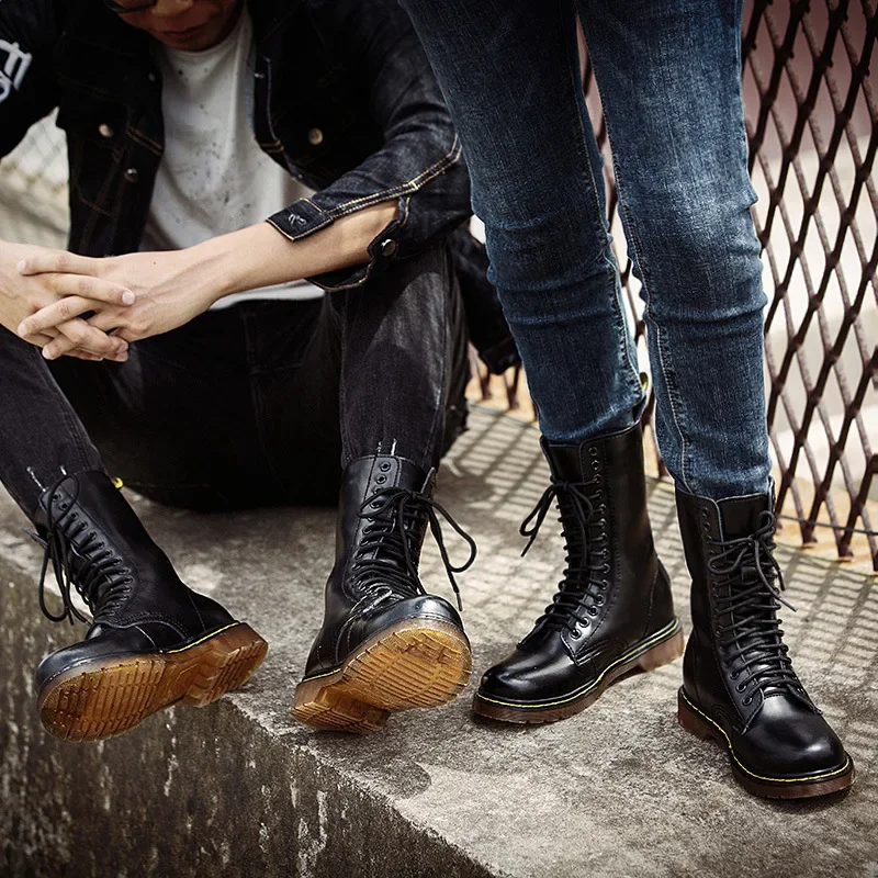 Unisex Large Size Cowhide Vintage Lace-up Combat Boots Men Riding Flat Women Motorcycle Short Snow Warm Plush