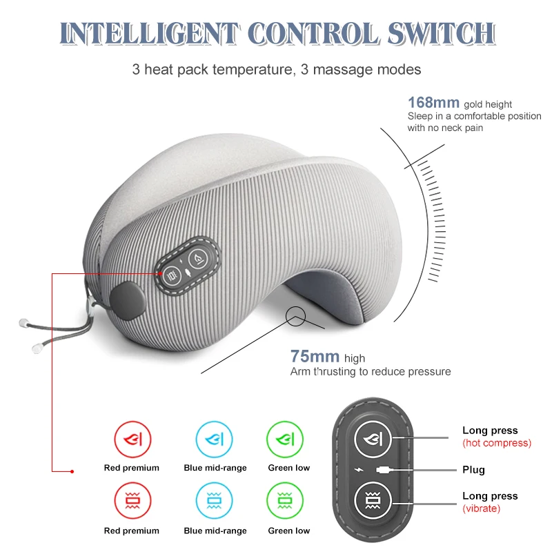 Almohadas de viaje portátiles en forma de U para aviones, masaje con calefacción de 3 modos, espuma de memoria, almohadas ergonómicas para el