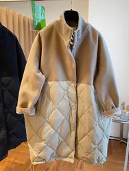 Korea Autumn and Winter Niche Stand-up Collar Zipper Woolen Cloth Stitching Rhombus Loose Cotton Coat Jacket Women