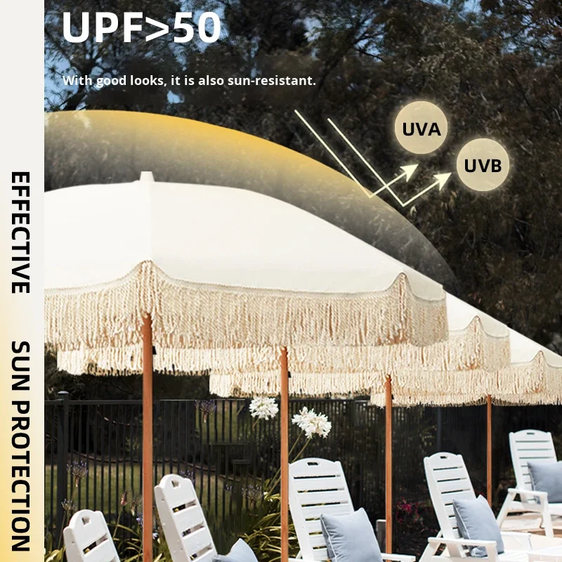 LS High-Quality Tropical Beach Umbrella Outdoor Sun Fringed Umbrella with Tassels for Patio, Garden, Terrace