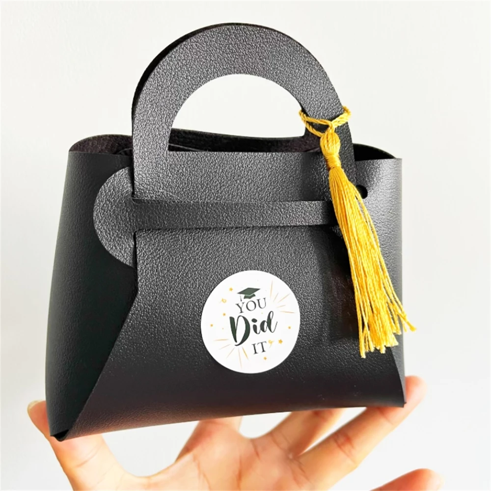 12pcs Black Leather Gift Bags Graduation Season Theme Congrats Grad Candy Packing Bag 2024 Congratulation Graduation Party Decor