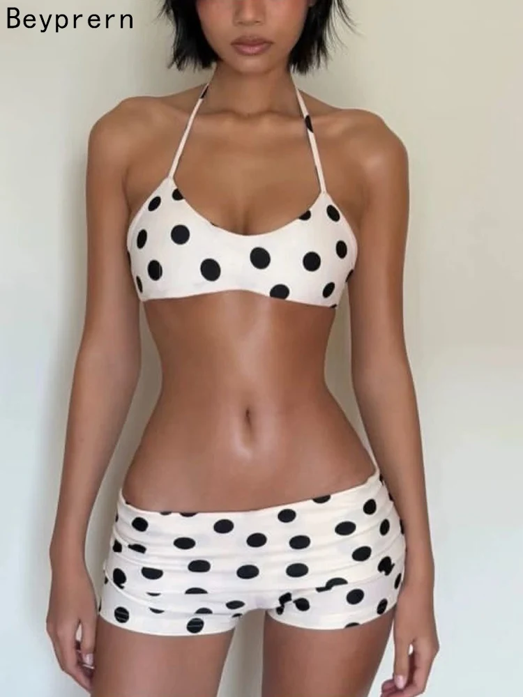 Beyprern Sexy Polka Dot Bikini Set Two Piece Swimsuit Women Halter Push Up Swimwear Vintage Boy Shorts Bathing Suit Beach Wear