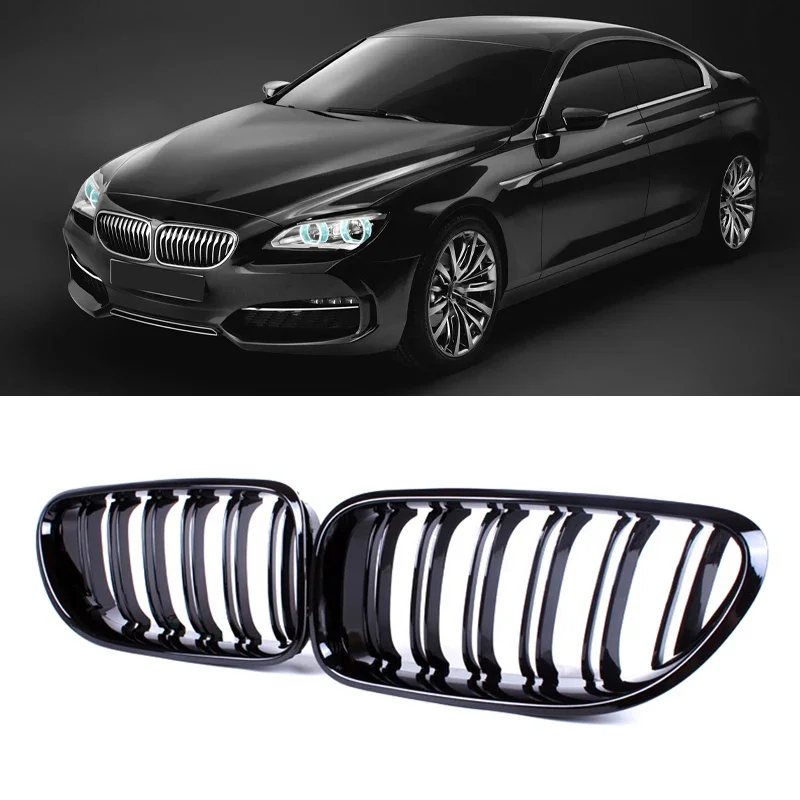 A Pair Gloss Black Front Kidney Grill Bumper Grill Double Slat Line for BMW 6 Series F06 F12 F13 M6 2012-2017