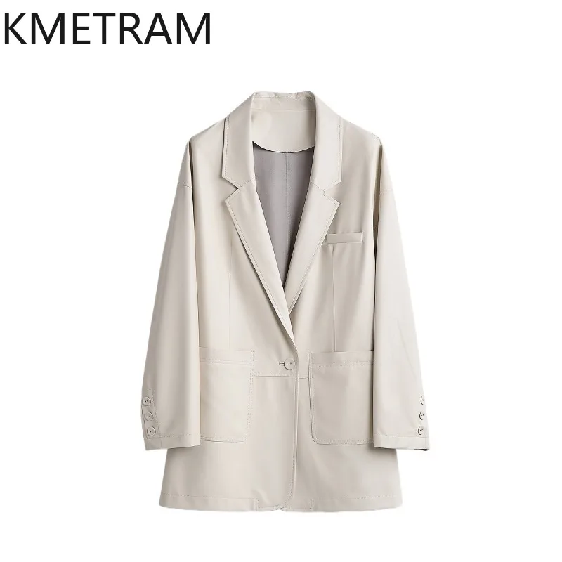 KMETRAM Ultra-thin Uncoated Sheepskin Leather Blazers Genuine Leather Jacket Woman Loose Coats of Woman Mid Length Blazer Mujer