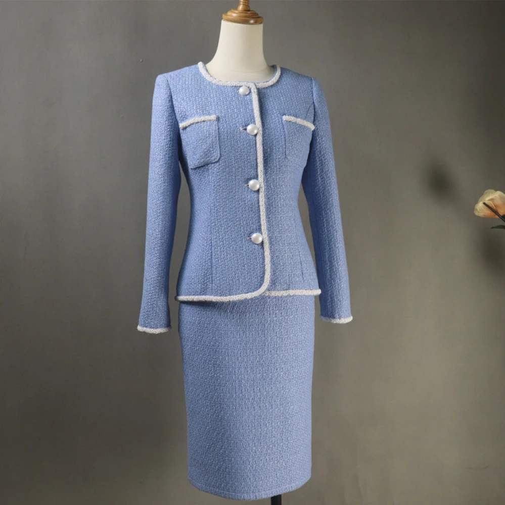 Spring Autumn OL Suits Fashion Women High Quality Pearls Beading Blue Tweed Coat + Skirts Two Piece Set C798