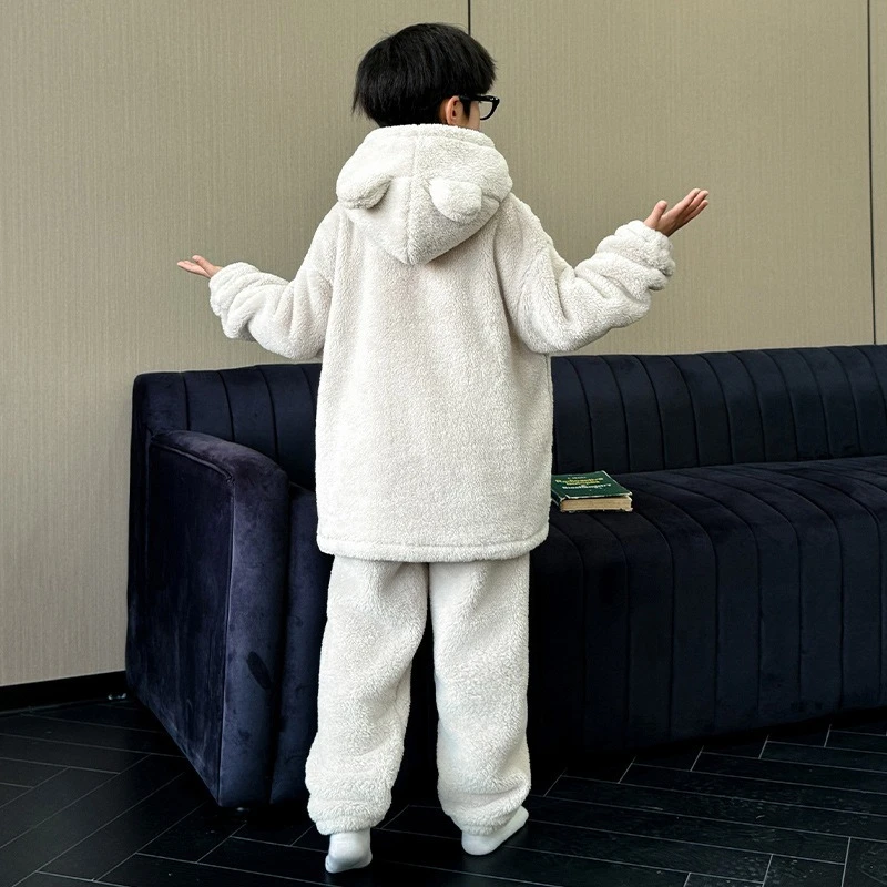 طقم بيجامة من الصوف المرجاني للمراهقين، ملابس نوم شتوية من الفلانيل القطيفة للأولاد