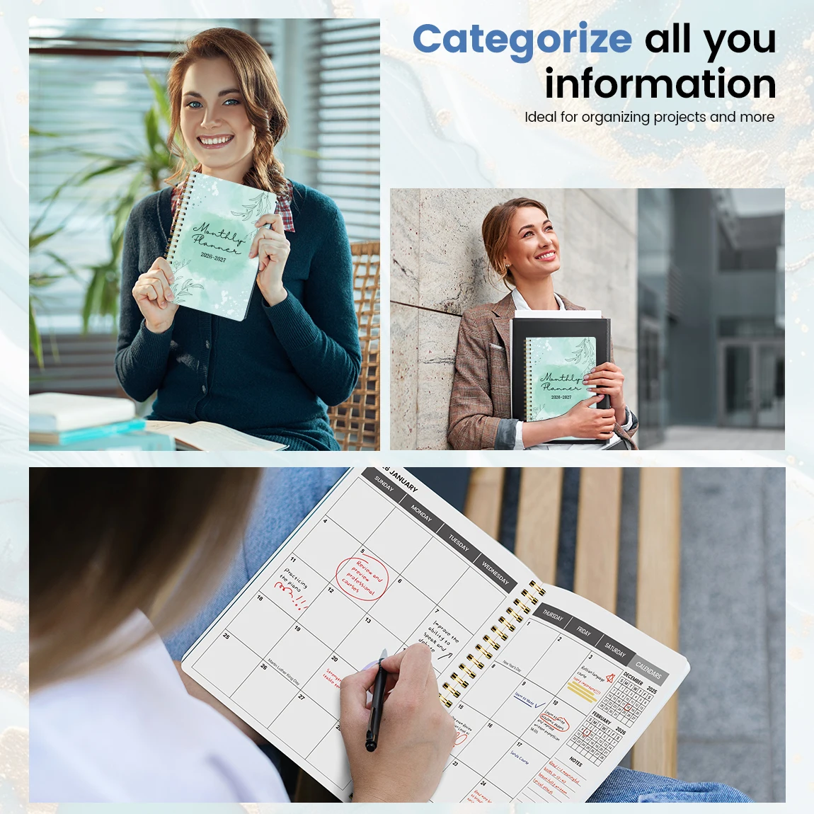 2026-2027 مخطط أسبوعي وشهري A5 – يناير 2026 إلى ديسمبر 2027 منظم حلزوني مع التقويم والملاحظات واللوازم المدرسية والمكتبية