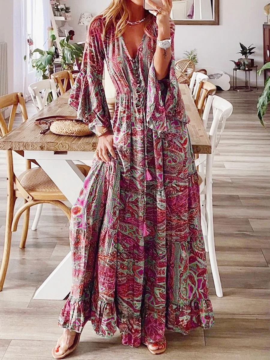 Dames Bohemian Off Shoulder Jurk Lange Mouw Vierkante Hals Bloemen Ruches Swing A Line Strand Maxi Jurk