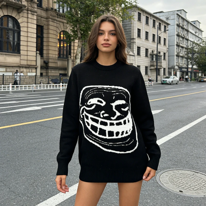 Personalized knitted winter loose fashion street long sleeved unisex round neck pullover sweater for couples