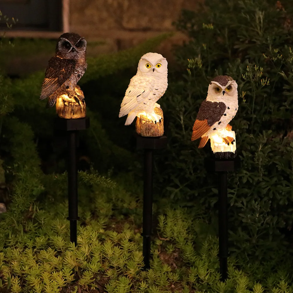 Cross-border outdoor garden owl LED solar lights courtyard faux animal resin lawn ground stake lights wholesale