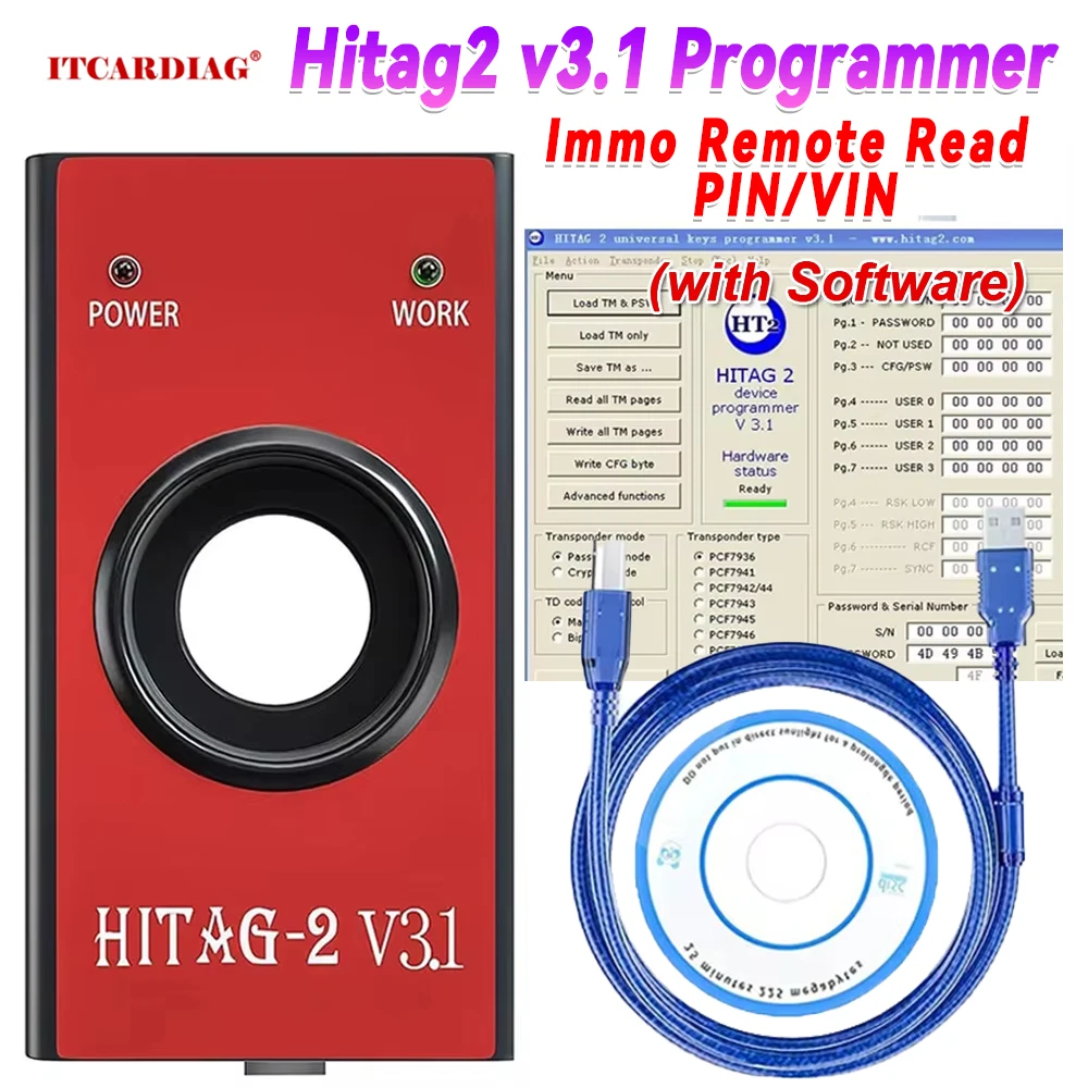 HITAG-2 Hitag2 V3.1 Version Auto Key Programmer OBD2 Car Diagnostic Tool HITAG 2 Universal Transponder Immo Remote Read PIN VIN