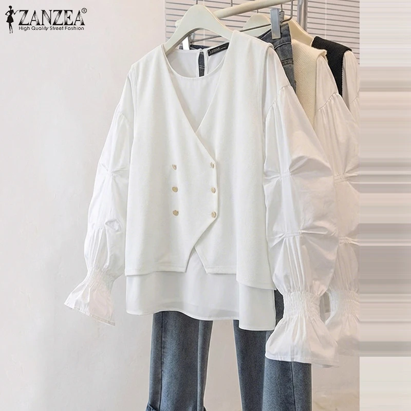 

ZANZEA Fashion Women Blouse Double Breasted Patchwork Shirts 2026 Spring Autumn Tops Long Lantern Sleeve Elegant Office Blusas