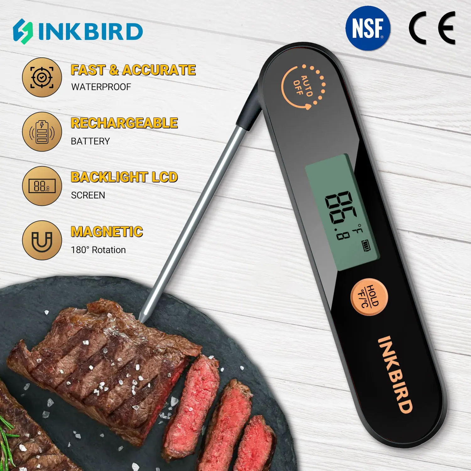 

INKBIRD Rechargable Meat Thermometer With Probe Waterproof Digital Backlight Oven Food Thermometer For Kitchen Cooking And BBQ