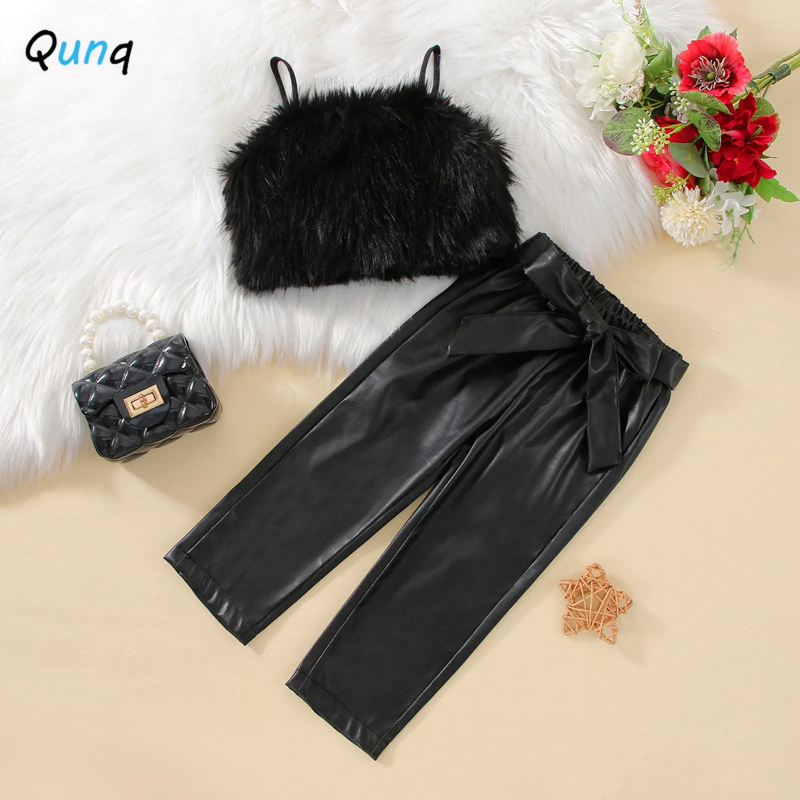 Qunq S2023 Summer INS Girls New Plush Camisole Sling Top + Pu Leather Pants And Belt 3 Pieces Set Casual Kids Clothes Age 3T-8T