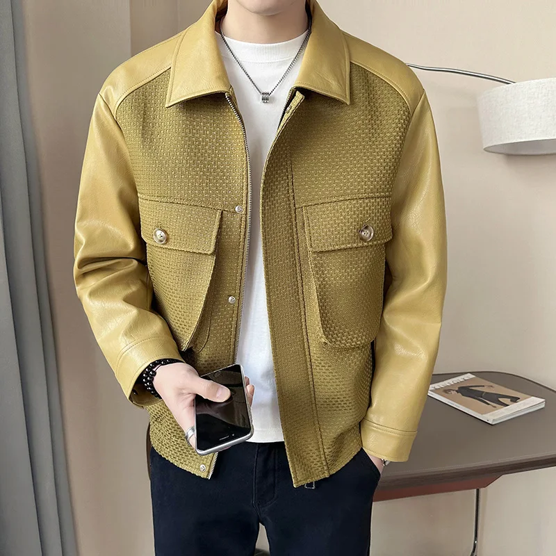 

2024 Spring New Split-leather Design Jacket Men Fashion Slim Lapel Coat Streetwear Outwear Large Pockets PU Leather Men Clothing