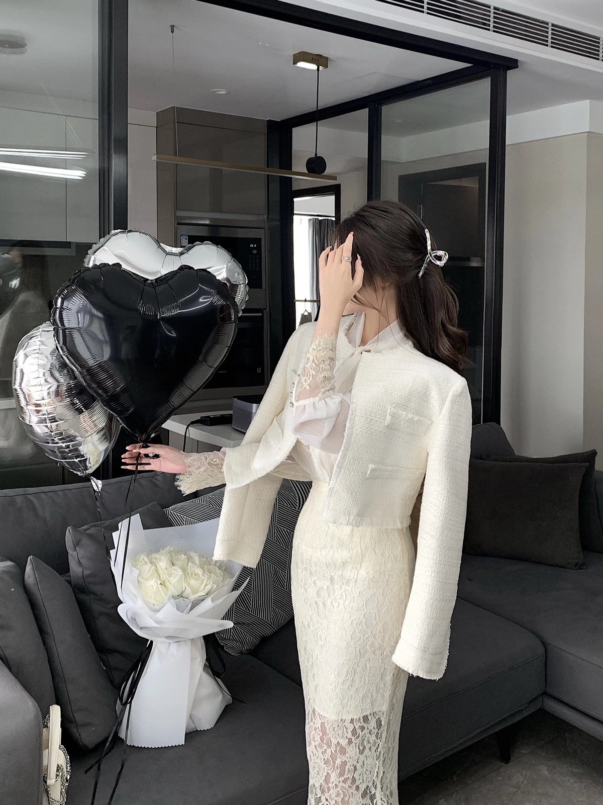 

MIISSCC White ort Coat Autumn Season Casual Versatile Thi Tweed round Ne Long Sve Loose Fit Bordered Lambswool Outer...