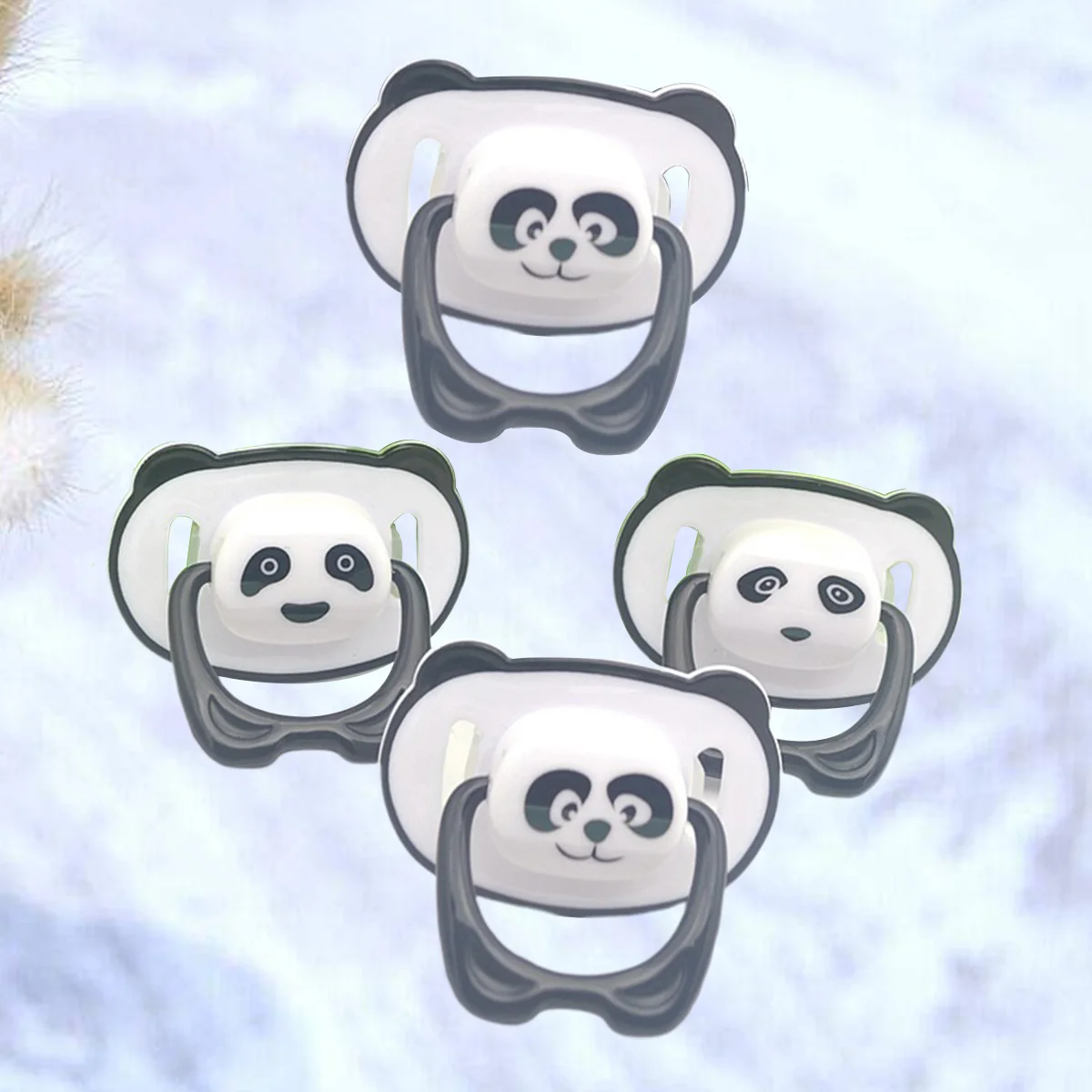 4pcs Baby Pacifiers Safe Silicone Panda Shape Teats Soother Infant Pacifier Set with Lid Pull Ring (Round Head and Flat Head Mix