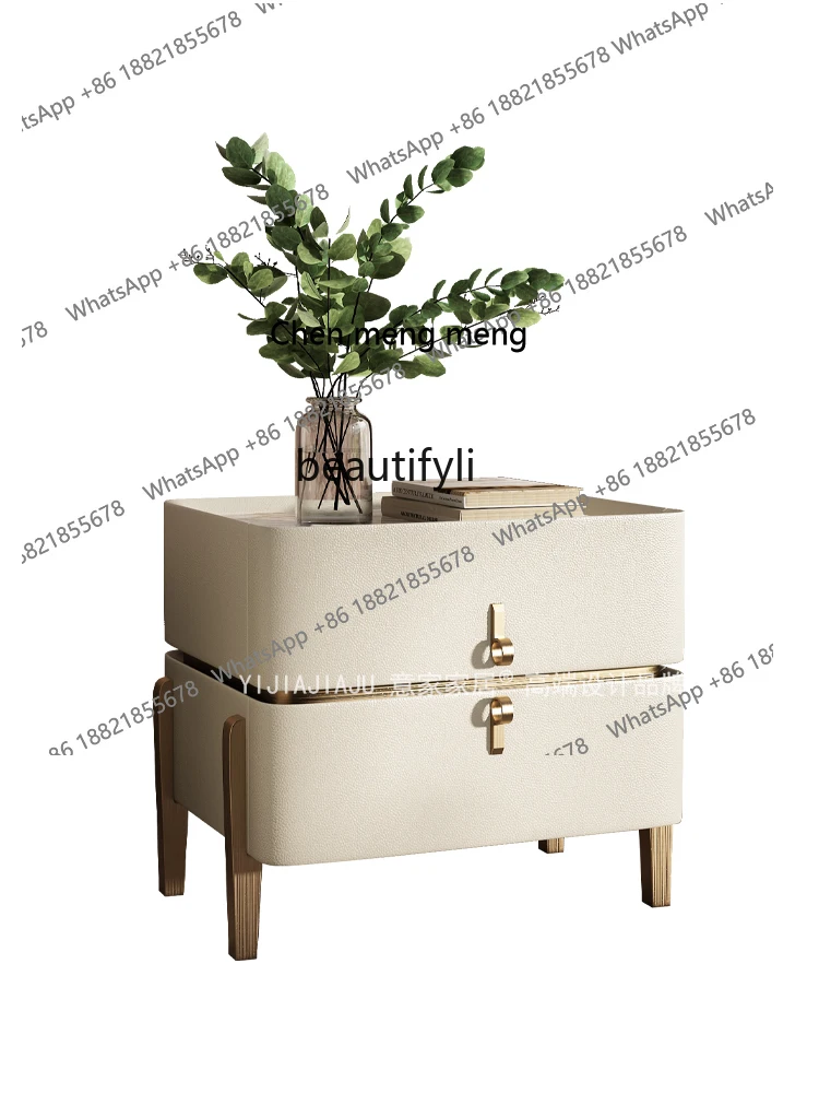 

Light Luxury Sofa Side Table High-Grade Home Living Room Small Apartment Leather Solid Wood Stone Plate Storage Locker