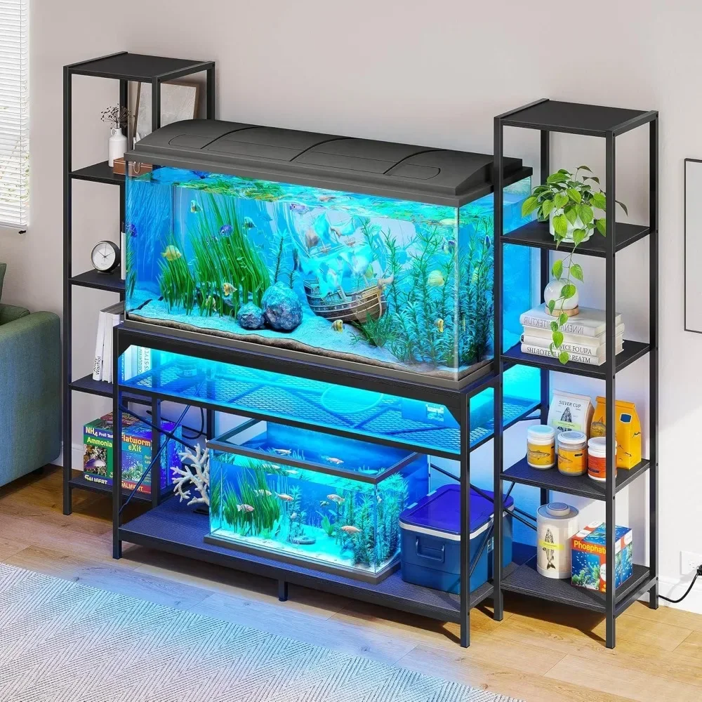 55-75 Gallon Aquarium Stand with Power Outlets & LED Light, Display Stand for Turtle Tank, Reptile Terrarium