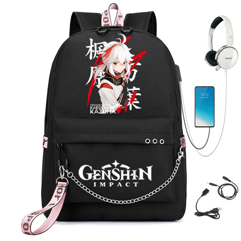 Genshin impacto mochila anime dos desenhos animados oxford corrente à prova dwaterproof água portátil mochila estudantes meninos meninas mochila de viagem