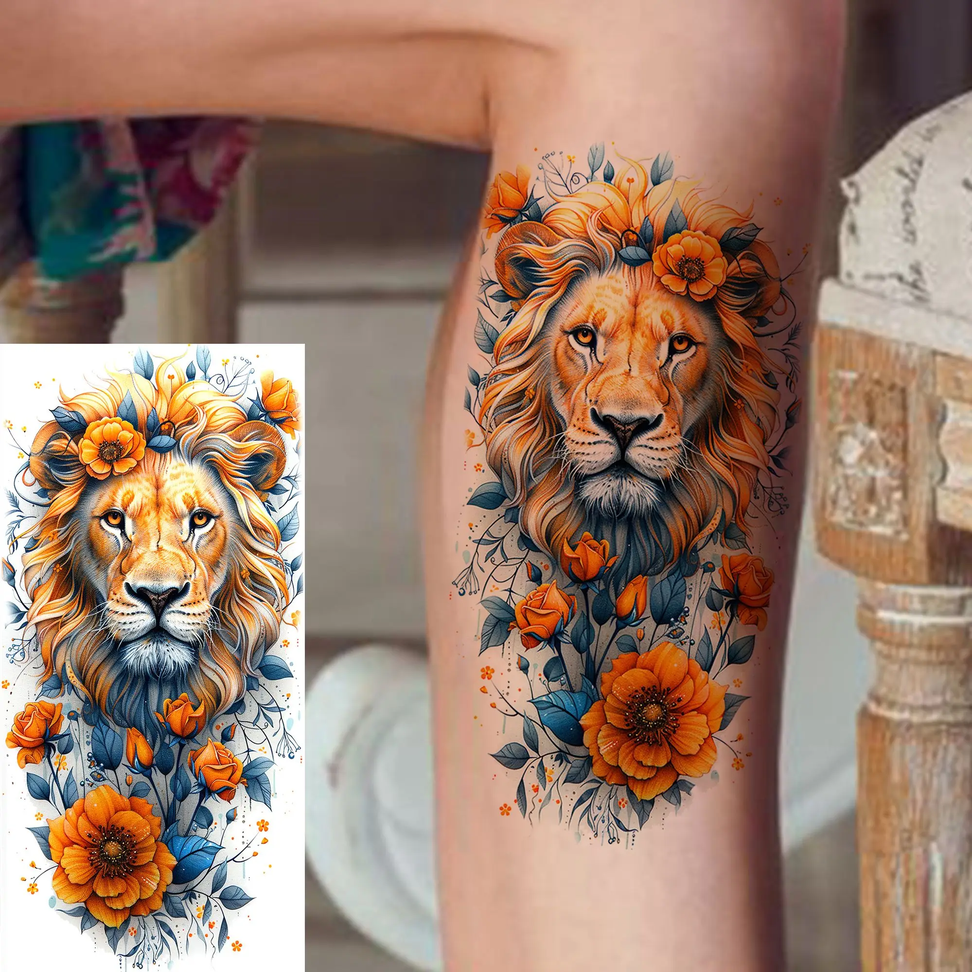 1 Sheet Watercolor Rose Flower Lions Temporary Tattoos For Women Girls 3D Long Lasting Waterproof Realistic Fake Tattoo Stickers