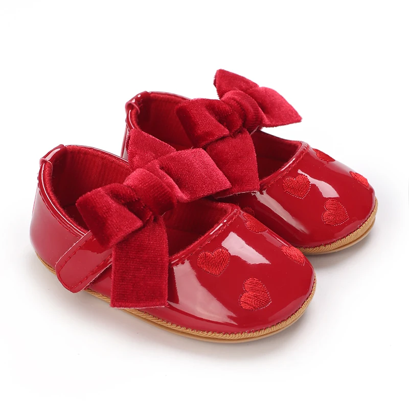 Red Newborn Baby Shoes Baby Girl Shoes Cute Classic Bowknot Rubber Sole Anti-slip PU Dress Shoes First Walker Toddler Crib Shoes