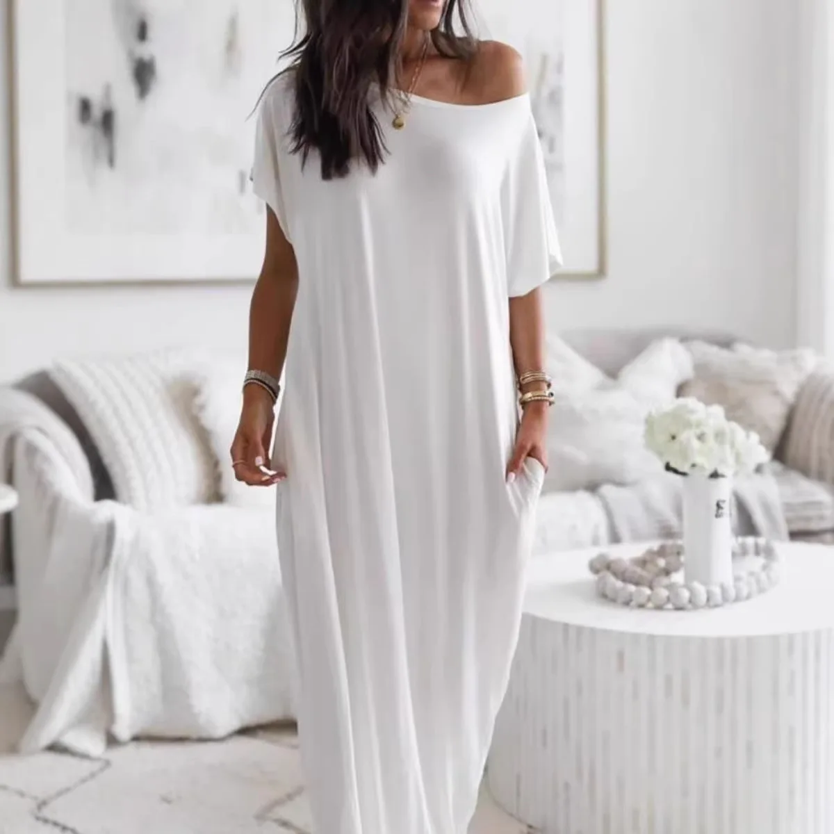 2026 Summer Collection: Women's Casual Solid Color Short Sleeve Long Dress for Europe America Perfect Foreign Trade Cozy Elegant