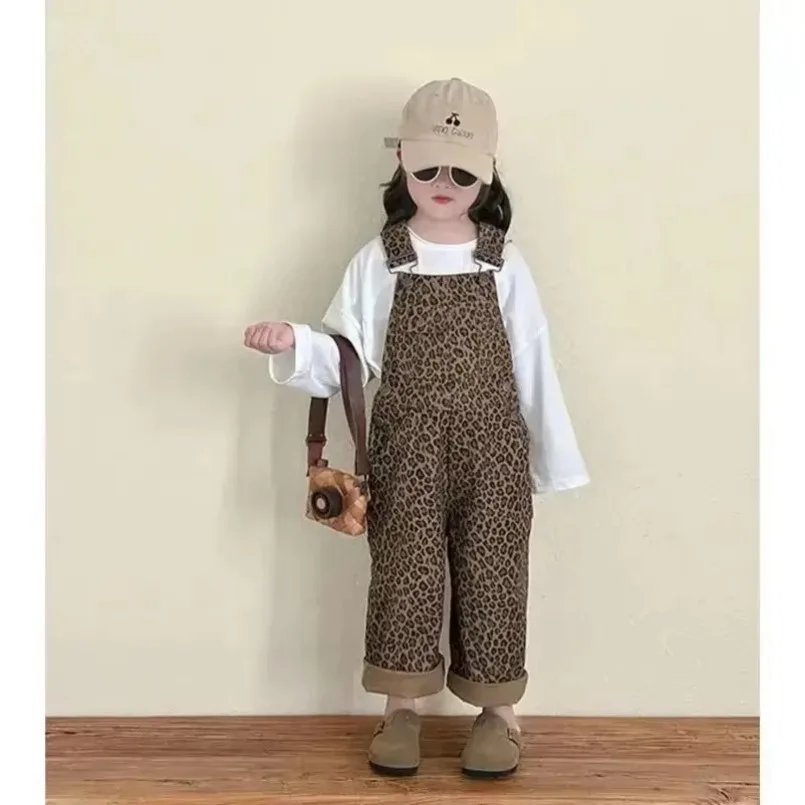 Kids Pants Girls Leopard Print Overalls Spring Autumn Pants Korean Childrens Wide Leg Pants Set  New 2024 Autumn Simple