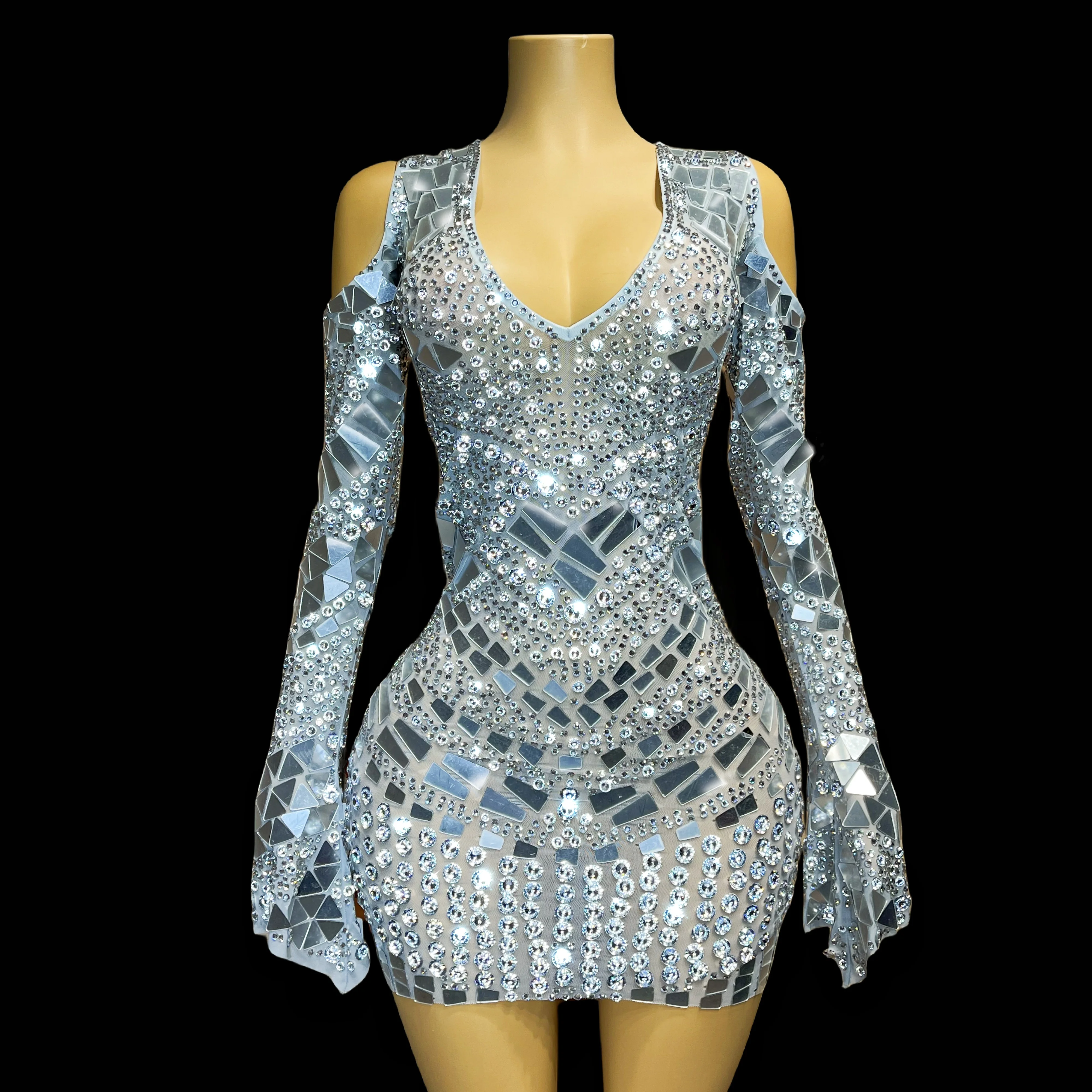 New Sexy Silver Rhinestone Mirror Long Sleeve Shoulder Cut-Out Dress Birthday Celebration Prom Stage Costume Collection yinsui