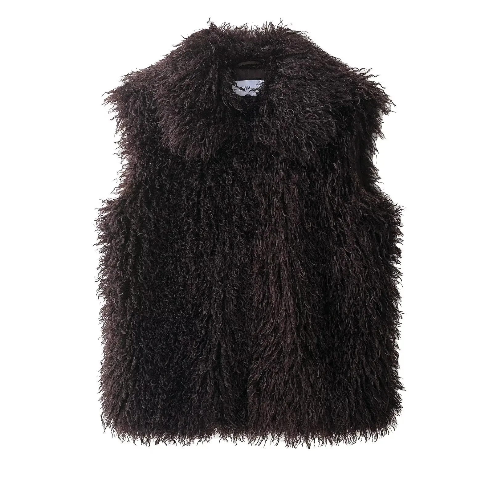 Women's Fashionable Versatile Faux Fur Effect Vest Dark Brown Curly Fur Sleeveless Vest With Stand Collar For Women Elegant ERCY
