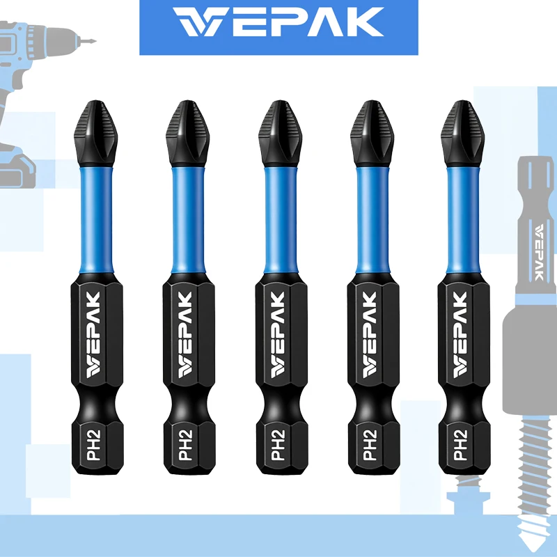 

VEPAK VP1PH2050-1 Impact Bits PH2 50MM 5PCS S2 Steel High Hardness Anti-slip Screwdriver Bit Tool Attachments
