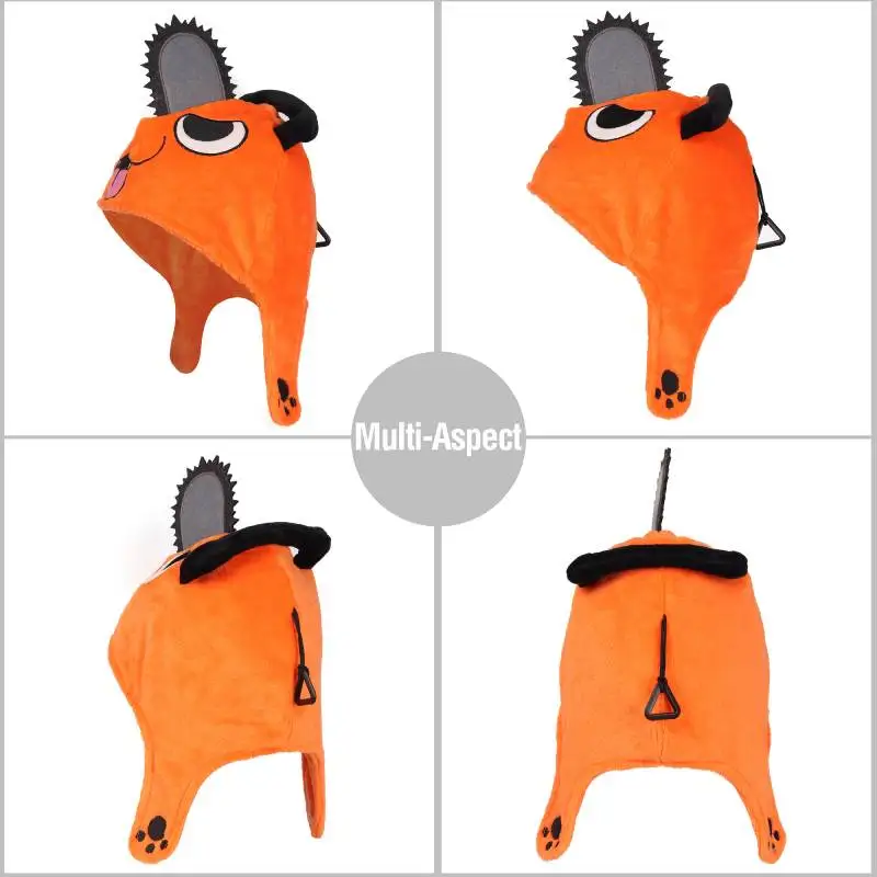 DAZCOS Chainsaw Man Pochita Peripheral Hat Denji Cosplay Soft Headgear Anime Orange Kigurumi Hat with Pochita Face Legs and Tail