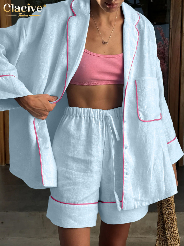  Clacive Fashion Loose Blue Cotton Home Women's Two Pieces Set 2025 Elegant Long Sleeve Shirt With High Waist Shorts Set Female 